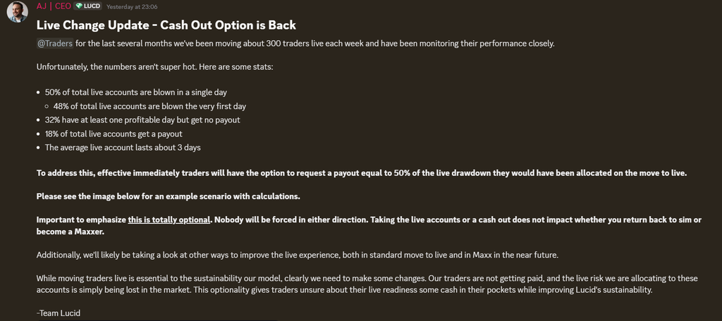 lucid trading cash out option announcement